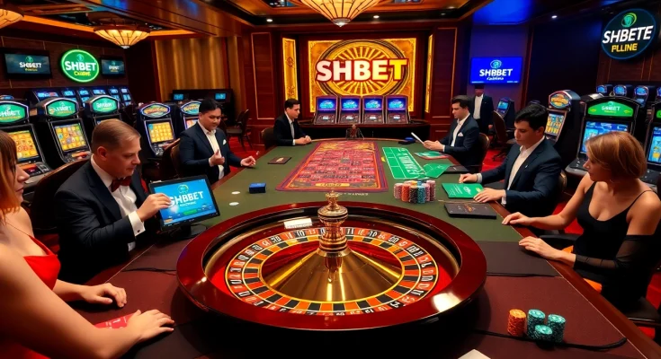 SHBET offers an exciting atmosphere with lively gamblers at a roulette table in a luxury casino.