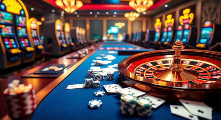 Taya 365 casino action with vibrant slot machines and elegant poker tables.