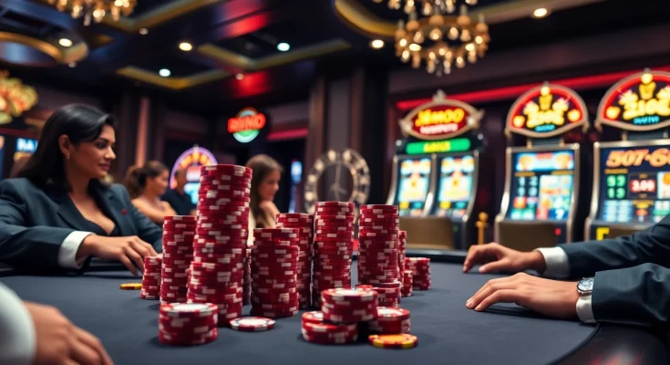 Exciting scene of professional gamblers at MMOO poker table with vibrant roulette wheel.