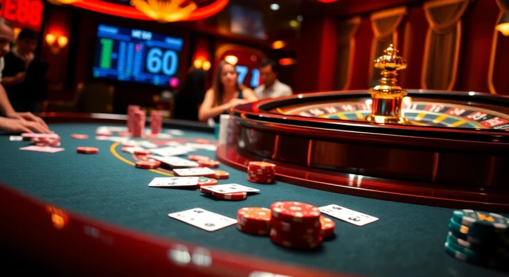 High-stakes gaming at ME88 casino with vibrant tables and excited players.