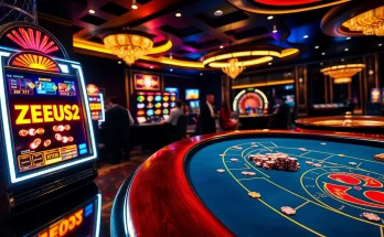 Mesin slot ZEUS222 menerangi suasana kasino yang hidup dengan pemain yang bersemangat.