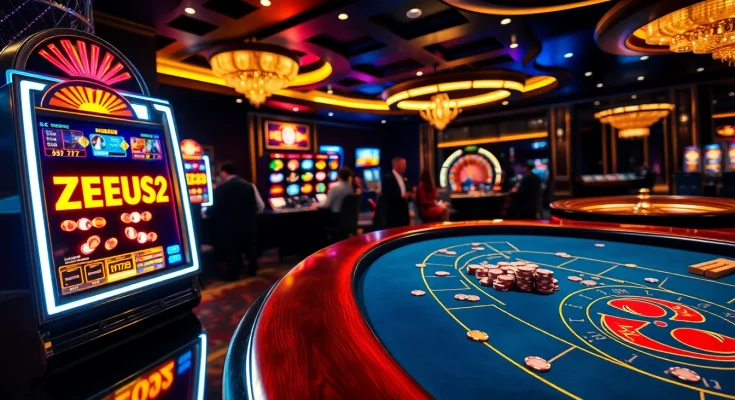 Mesin slot ZEUS222 menerangi suasana kasino yang hidup dengan pemain yang bersemangat.