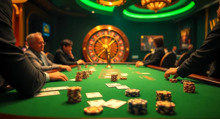 Experience the thrill of juragan77 at a lavish poker table with dramatic lighting and luxury.