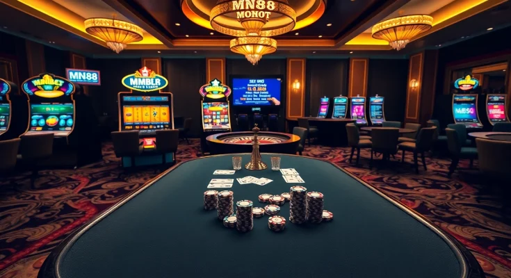 Experience the thrill of gambling with MN88 at an upscale casino featuring poker tables and slot machines.