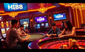 Hi88 casino gaming experience with poker tables and vibrant slot machines.