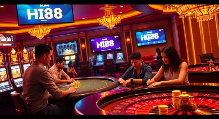 Hi88 casino gaming experience with poker tables and vibrant slot machines.