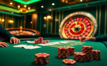 RR88 players engaging at a luxurious casino table, surrounded by chips and cards in a vibrant atmosphere.