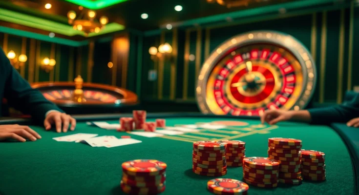 RR88 players engaging at a luxurious casino table, surrounded by chips and cards in a vibrant atmosphere.
