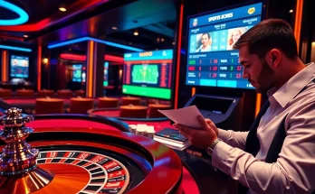 Gambling scene showcasing tỷ số trực tuyến 7m with poker chips and a roulette wheel.