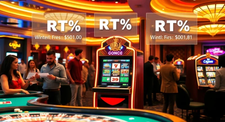 Slot Gacor excitement with players engaged around vibrant slot machines in a luxurious casino.