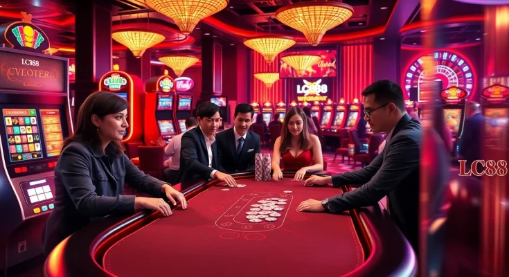 Players enjoying a thrilling poker game at LC88 casino with vibrant slot machines and a luxurious atmosphere.