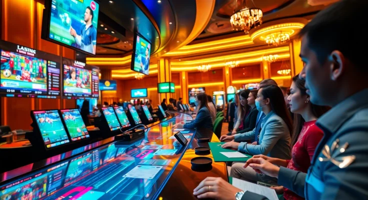 Interactive Agen Judi Bola - Engaging sports betting scene in a luxurious casino setting.