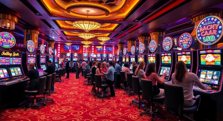 Pemain menikmati mesin slot yang cerah dengan gulungan berwarna-warni di suasana kasino yang mewah.