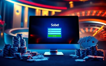 Engaging sbobet login indonesia interface amidst casino elements, showcasing online betting excitement.