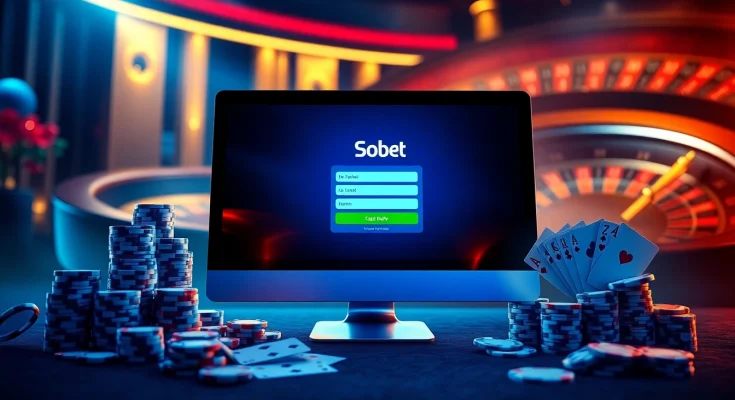 Engaging sbobet login indonesia interface amidst casino elements, showcasing online betting excitement.