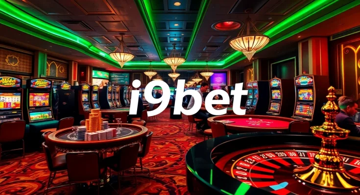 Experience the thrill of i9bet with an engaging casino scene, featuring vibrant tables and excited players.