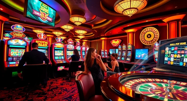 Exciting casino scene with vibrant idnslot machines and roulette wheel, depicting thrill and luxury.