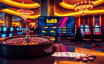 Experience the thrill of gambling at lu88 with a captivating casino scene showcasing roulette and poker.