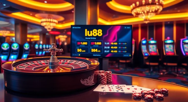 Experience the thrill of gambling at lu88 with a captivating casino scene showcasing roulette and poker.