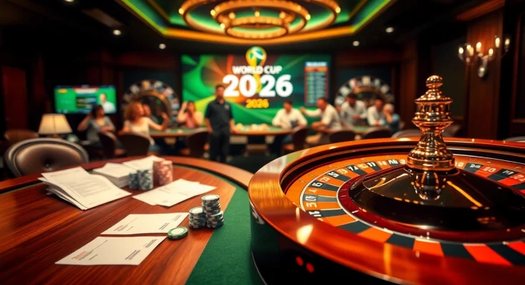 Agen Judi Bola betting scene with casino table, chips, and live odds display.