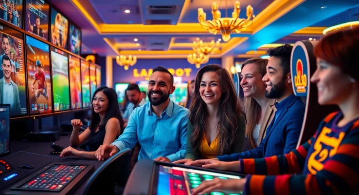 Players engaged in thrilling 8day gaming experiences with vibrant slot machines and sports betting.