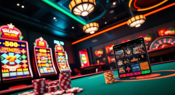 Experience the thrill of RAJAGACOR's online gaming with vibrant slot machines and casino elements.