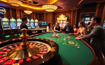 Exciting casino scene featuring a roulette table and slot machines, promoting hz88 gaming experience.