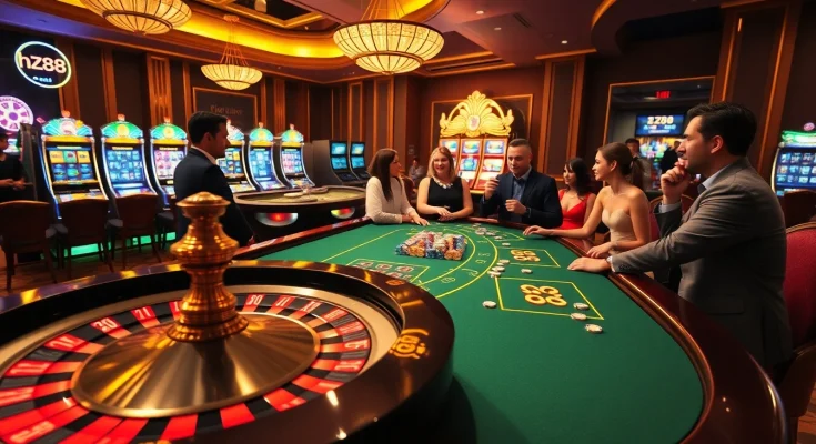 Exciting casino scene featuring a roulette table and slot machines, promoting hz88 gaming experience.