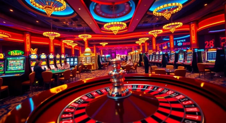 Experience the excitement of 28bet with vibrant casino gaming tables and slot machines.