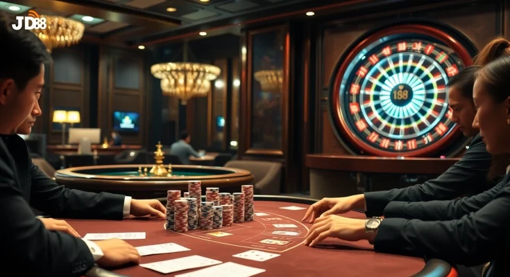 Người chơi tham gia tại bàn poker cược cao trong cảnh casino Nhà cái JD88.