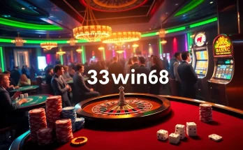 Engaged players at 33win68 casino, celebrating wins around roulette and blackjack tables.