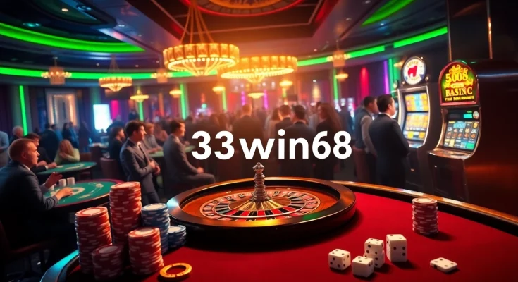 Engaged players at 33win68 casino, celebrating wins around roulette and blackjack tables.