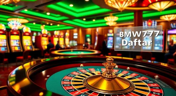 Bmw777 Daftar showcased on a vibrant casino table with players and slot machines.