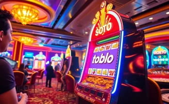 Pemain merayakan kemenangan di mesin slot toto dalam suasana kasino yang meriah.