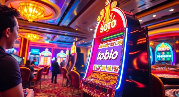 Pemain merayakan kemenangan di mesin slot toto dalam suasana kasino yang meriah.