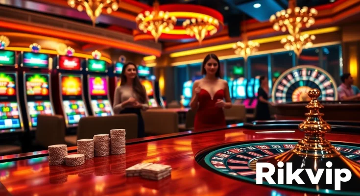 Experience high-stakes excitement with Rikvip at a luxury casino gaming table showcasing vibrant poker chips and a roulette wheel.