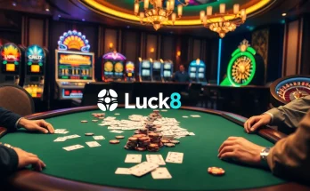 Players enjoying high-stakes poker at a Luck8 casino with vibrant slot machines.