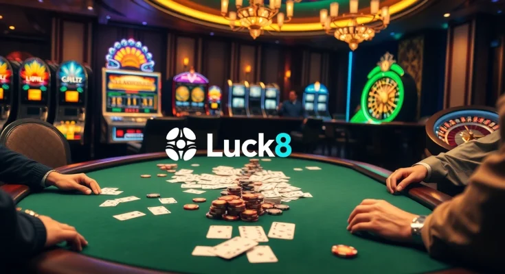 Players enjoying high-stakes poker at a Luck8 casino with vibrant slot machines.