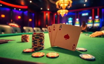 Professional players engaging in Idn Poker in a luxurious casino setting with poker chips and cards.