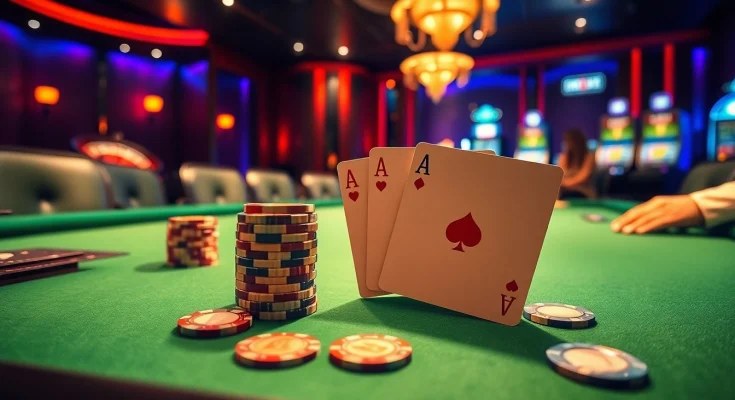 Professional players engaging in Idn Poker in a luxurious casino setting with poker chips and cards.