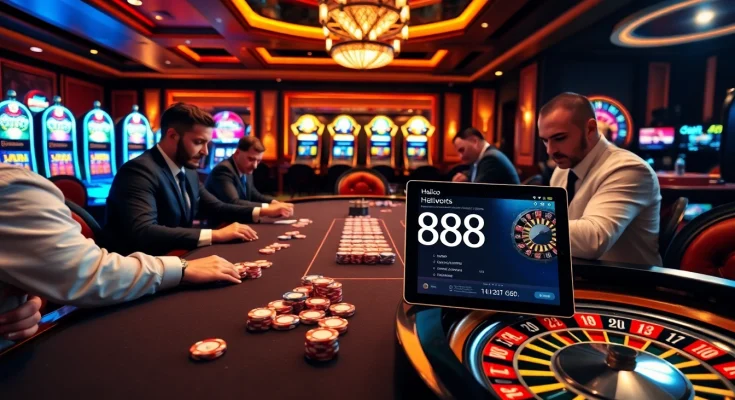 Hello88 players engaged in a thrilling poker game amidst vibrant casino ambiance.