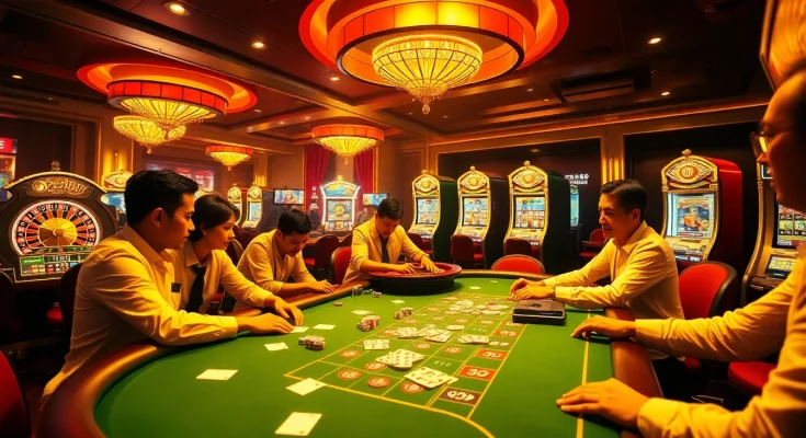 OPEN88 players enjoying an exciting session at a casino table filled with vibrant poker chips and glowing slot machines.