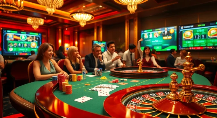 Players enjoying a thrilling game at TK88 casino, featuring poker tables and roulette wheels.