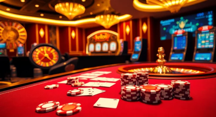Experience the excitement of casino action at hello88, featuring vibrant gaming tables and slot machines.