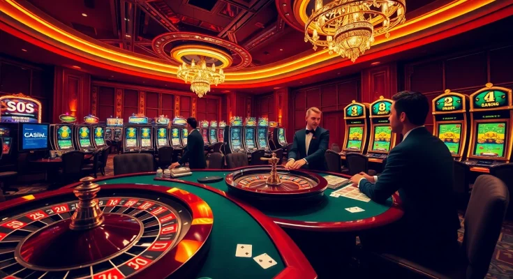 Experience the thrill of S8 gaming at a luxurious casino with vibrant poker and roulette tables.