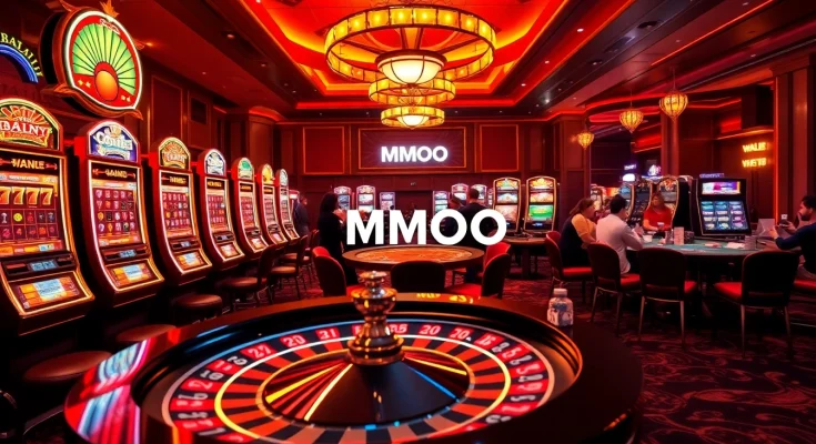 Exciting gameplay scene at a luxury casino showcasing MMOO slot machines and poker tables.