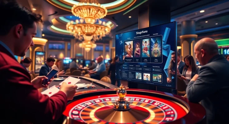 Engaged players enjoying S8 nhà cái online gambling experience amidst casino elements.