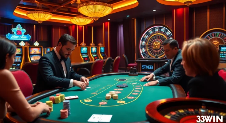 Players strategizing at a high-stakes poker table, representing the thrill of 33WIN.