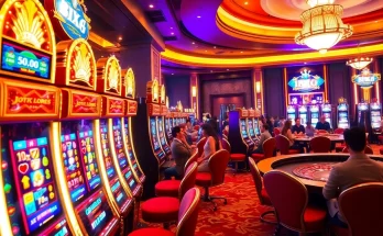 Vibrant BRO138 slot machines and roulette game create a lively casino atmosphere.