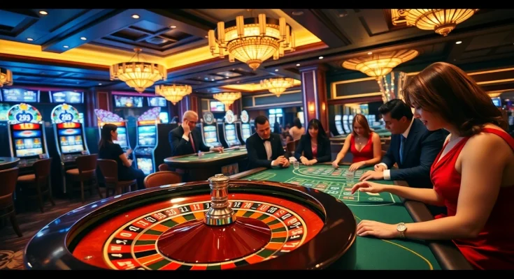 Excitement at a casino with players at a roulette and poker table featured on https://rr88.pizza/.
